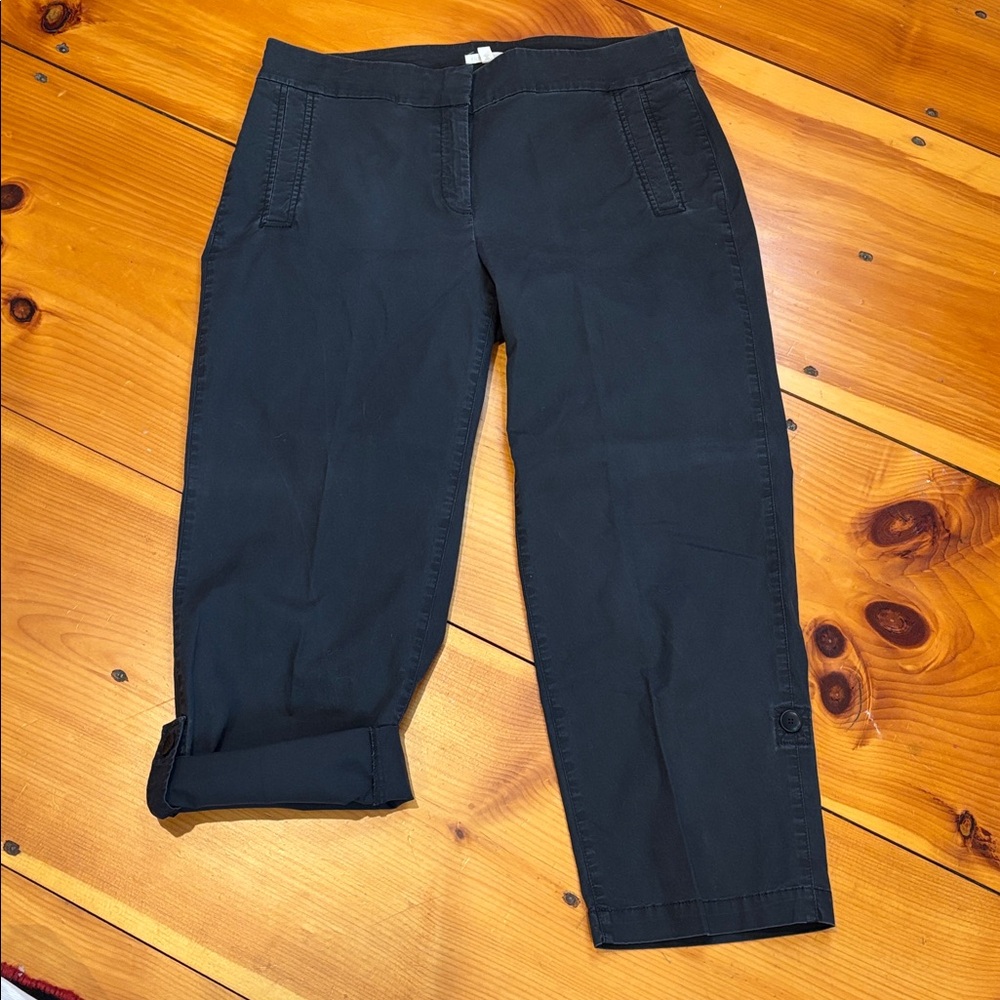 EILEEN FISHER M Gunmetal Black Organic Cotton Roll Cuff Trousers Pants